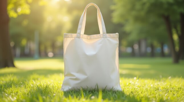 Tote bag mockup concept image with a blank tote bag sitting outside in a park on sunny day for the large sturdy cloth unfastened bag with parallel handles with copy space