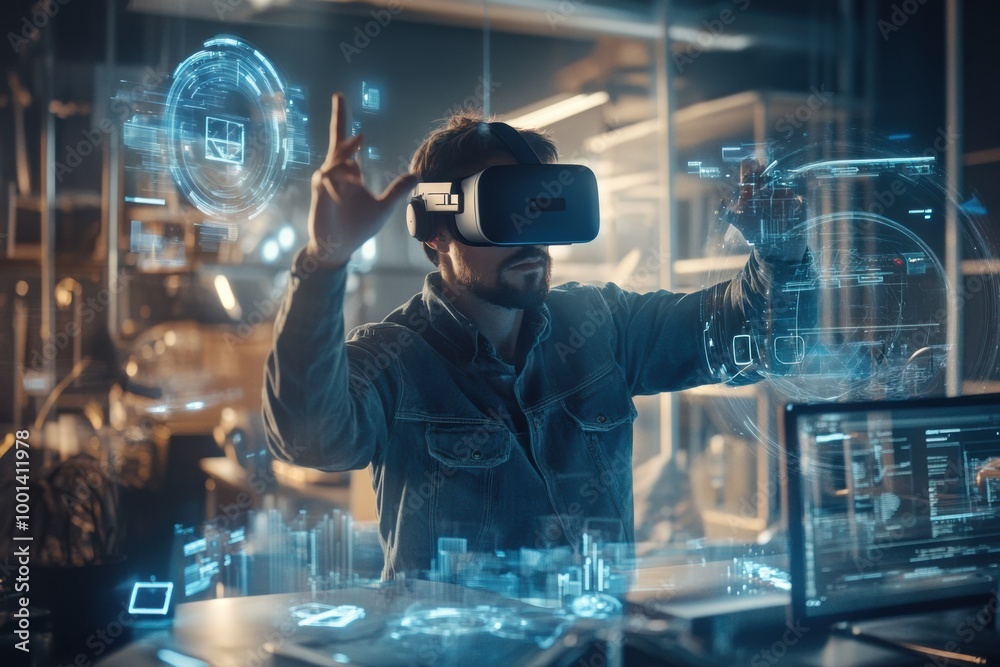 Aufkleber A virtual reality designer engages with floating 3D objects in a modern studio environment during a creative session. Generative AI