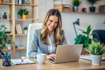 Fototapeta premium woman working in office with happy to succeed