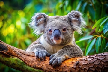 Fototapeta premium Adorable Close-Up of a Cute Koala Bear Resting on a Tree Branch in a Natural Australian Habitat