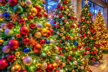 Fototapeta premium Beautifully Decorated Christmas Trees in Various Styles and Colors for Holiday Celebrations and Decor