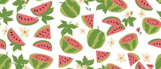 Hand drawn abstract watermelon pattern with plant parts and sliced food. Seamless pattern for textile, wrapping paper, posters. Fashion textures.
