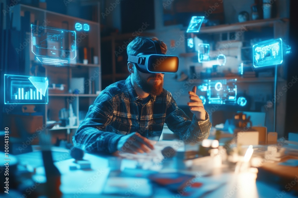Poster A virtual reality designer engages with floating 3D objects in a modern studio during an immersive design session. Generative AI