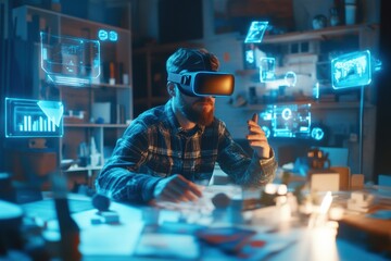 A virtual reality designer engages with floating 3D objects in a modern studio during an immersive design session. Generative AI