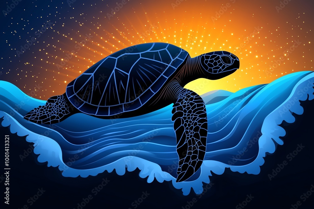 Poster clean silhouette of a sea turtle swimming through stylized waves, with soft gradients and geometric 