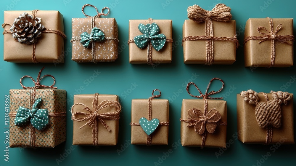 Aufkleber a row of brown gift boxes tied with twine and decorated with various festive embellishments on a tur