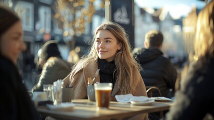 Young woman sitting in a cafe with a warm sweater enjoying a coffee