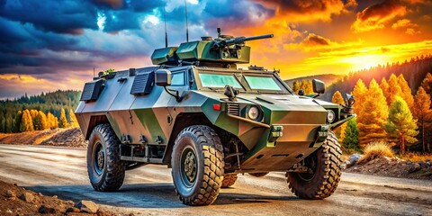 Fototapeta premium Advanced armored vehicle in a military landscape showcasing modern technology and defense capabilities