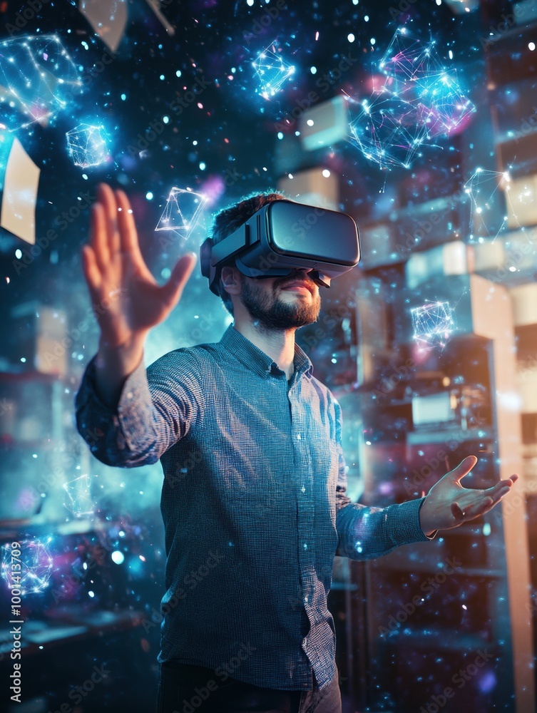 Poster a virtual reality designer in a modern studio engages with floating 3d objects while wearing a vr he