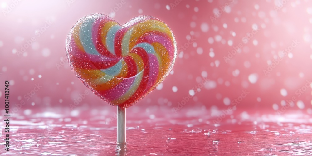 Aufkleber A heart shaped lollipop with rainbow swirls on a pink background with bokeh lights, creating a sweet and dreamy atmosphere.