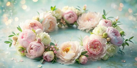 Delicate floral wreath adorned with pastel-hued peonies, soft focus, and subtle texture, creating a dreamy, ethereal atmosphere perfect for romantic and whimsical designs.