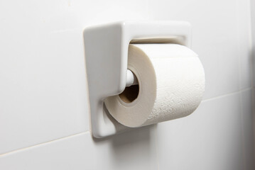 Toilet paper roll hung on wall