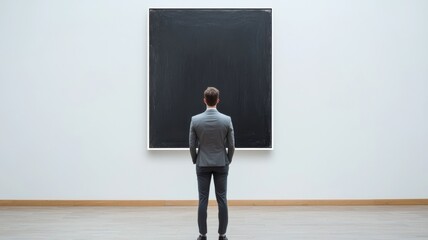 A man in a suit contemplating a minimalist art piece in a modern gallery.
