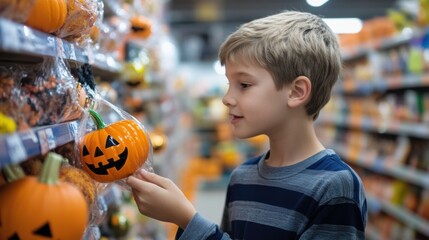 Fototapeta premium Young boy selecting a Halloween pumpkin decoration in a store aisle