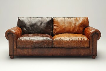 A brown and black leather couch with a tan leather cushion