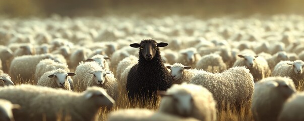 Obraz premium Large flock of sheep, including a distinct black sheep, grazing at sunrise in a pastoral field.