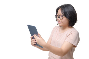 Fototapeta premium smart Asian Girl Browsing Social Networks On Digital Tablet isolated on white Background,
