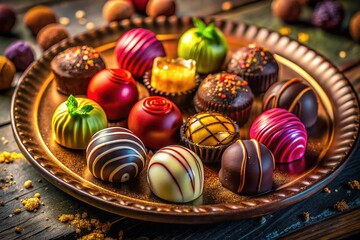 Fototapeta premium Assorted Chocolate Bonbons on a Decorative Plate Perfect for Celebrations and Sweet Treats