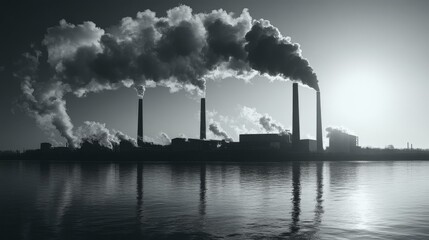 Industrial pollution: Factory chimneys, smokestacks, emitting fumes and clouds of toxic smog, pollution, chemicals. Global warming, climate change, cause and effect.