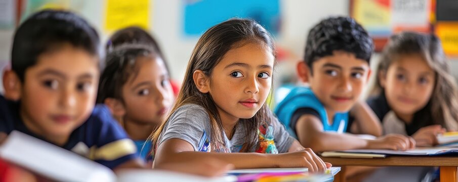 Capture a striking eye-level angle of a classroom scene in a bilingual education setting Include diverse students engaged in learning