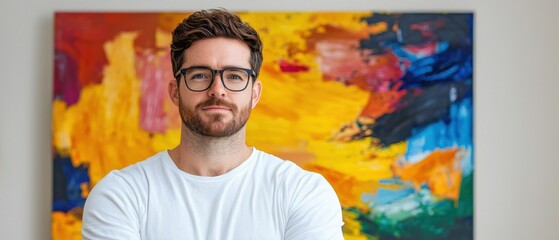 Confident man with glasses standing in front of colorful abstract art.