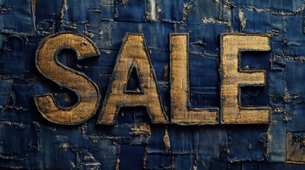Golden Sale Sign on Denim Patchwork Background