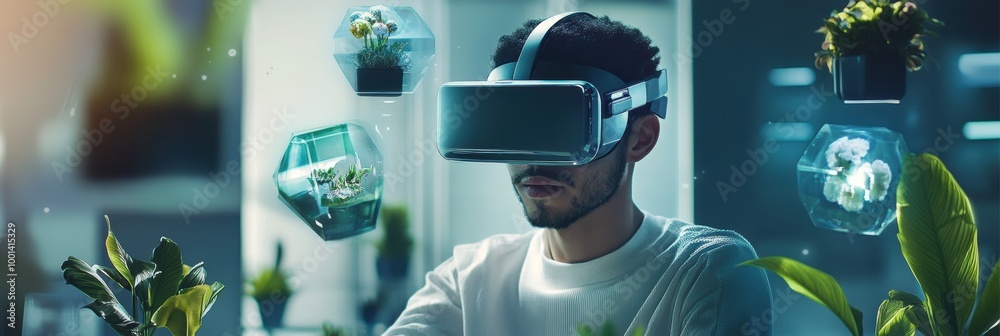 Poster a virtual reality designer in a modern studio explores floating 3d objects while wearing a headset a