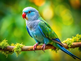 Fototapeta premium Beautiful Blue Quaker Parakeet Perched on Branch Against a Natural Green Background in Nature