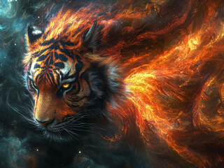 Tiger fractal flame - tiger, fire, fantasy, animal, art, digital, orange, wildlife, flames, cosmic, fierce, nature, surreal, burning, predator, majestic, element, space