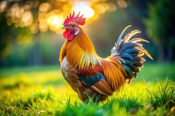 Fototapeta premium Beautiful Brahma Buff Bantam Rooster Standing Proudly in a Green Grass Field on a Sunny Day