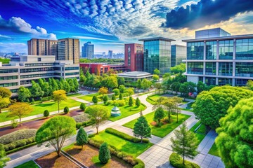 Obraz premium Beautiful view of an iconic campus featuring modern architecture and lush greenery in a city setting