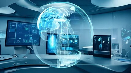 Holographic human body with global medical data in a futuristic healthcare lab