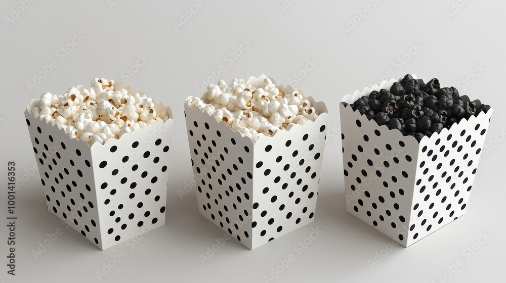 Poster a trio of popcorn containers, each adorned with a classic black and white polka dot pattern, showcas