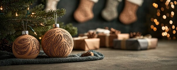 Decorative Christmas ornaments near gifts and a festive tree, warm holiday atmosphere.