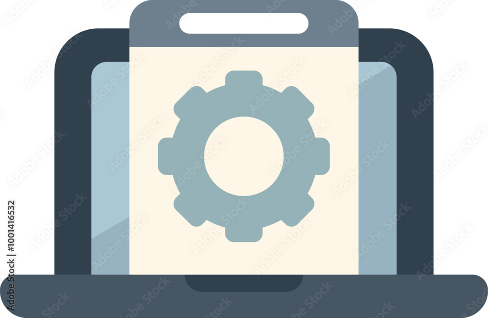 Poster laptop displaying web development project management software with gear icon representing settings a