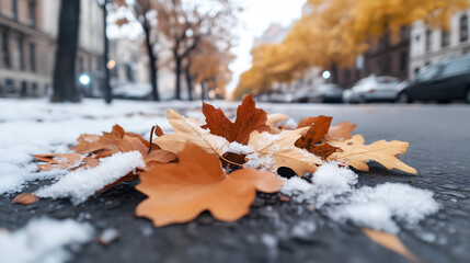 Brown and orange autumn leaves scattered on a city street with patches of early snow, capturing the seasonal transition between fall and winter.
