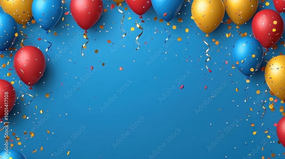 Poster a vibrant blue backdrop adorned with colorful balloons and sparkling confetti, creating a celebrator