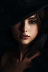 A shadowy portrait of a woman with feathers and a hat, evoking mystery and elegance.