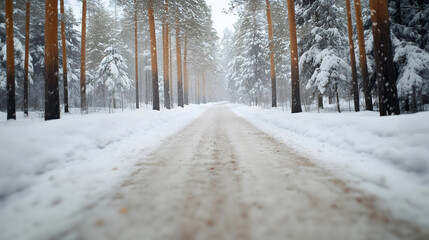 Obraz premium A snow-covered road winds through a winter forest with tall, snow-dusted trees, creating a peaceful, serene atmosphere. 