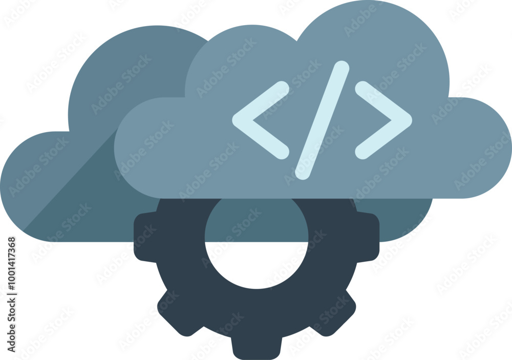 Poster simple flat vector illustration of a cloud with code brackets over a gear representing cloud computi