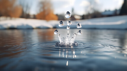 Water Splash in Winter Pond with Snowy Background
