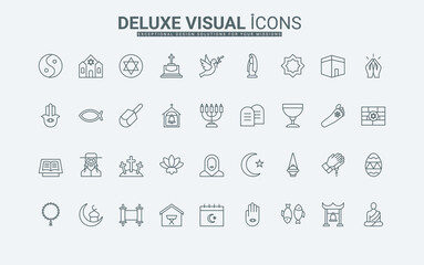 Christianity and Buddhism, Islam and Judaism temples and religious elements, holy book and prayer thin black outline symbols vector illustration. Different world religions line icons set.