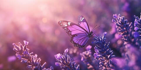 A vibrant purple butterfly delicately perched on lavender in soft sunlight, creating a serene and calming scene.