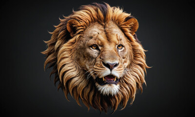 Naklejka premium A close-up portrait of a lion with a thick mane, captured against a dark background