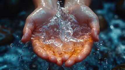 Fototapeta premium Enjoying Fresh Water from a Waterfall: Nature's Refreshing Splash in Hands