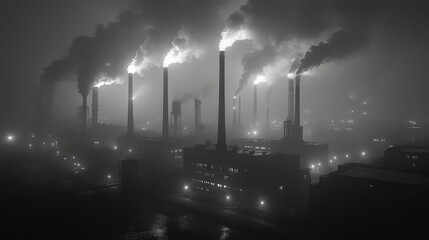 Fototapeta premium Industrial pollution: Factory chimneys, smokestacks, emitting fumes and clouds of toxic smog, pollution, chemicals. Global warming, climate change, cause and effect.