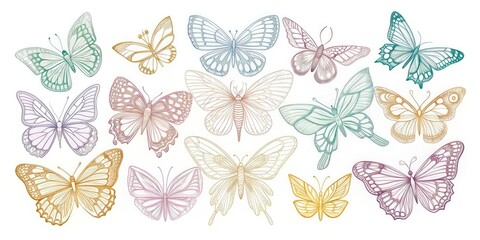 Delicate, hand-drawn outline of various butterfly species in pastel colors, showcasing intricate wing details and gentle curves, set against a soft white background.