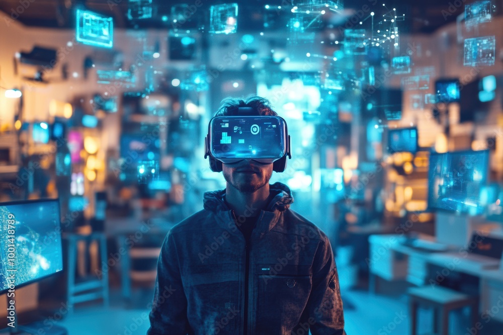 Leinwandbilder a virtual reality designer explores floating 3d objects in a contemporary studio during a creative s