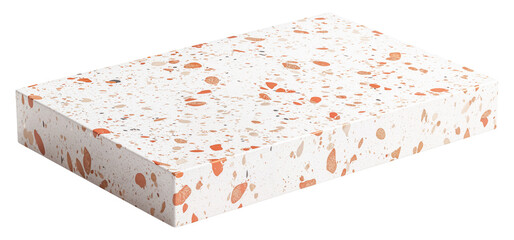 White terrazzo empty low rectangular podium with orange, beige, and brown speckled surface and sharp edges. Product display isolated on transparent background.