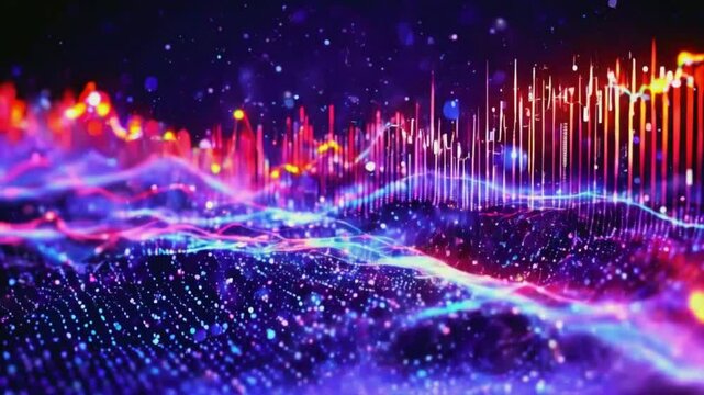 A glowing candlestick chart various financial periods. The chart zooms in and out dynamically, bullish and bearish trends on a blue gradient grid, 4k Stock Market Background Animation Video